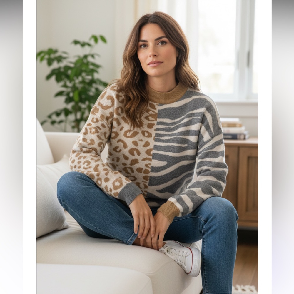 THML Pullover Sweater Gold Gray Animal Print Leopard Zebra Tight Knit Small